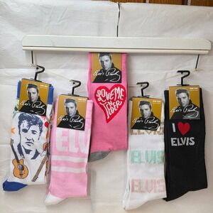 Elvis Presley Crew Socks 5 Pair Set Love Me Tender Rock N Roll Pink White Black